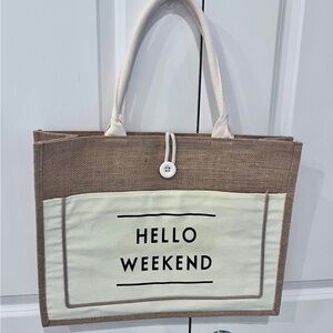 Hello Weekend trendy jute tote bag with laminated interior